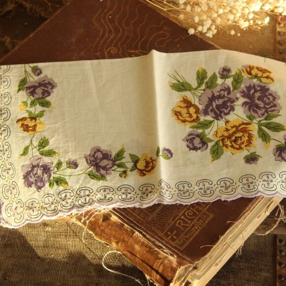 Vintage Handkerchief, Purple and Yellow Roses Flower Print Cotton Hankie - Picture 6 of 12